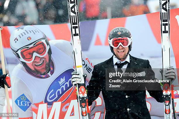 Marco Buechel of Liechtenstein celebrates his last race of his career during the Audi FIS Alpine Ski World Cup Men's Super G on March 11, 2010 in...