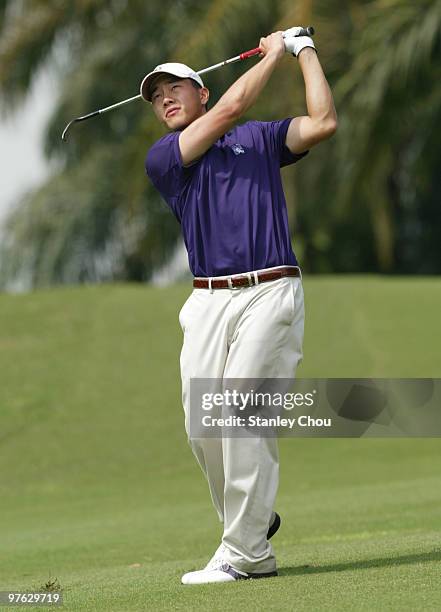 Eric Chun of South Korea watches his 3rd shot on the 6th hole during Asian International Final Qualifying for The Open at Saujana Golf and Country...