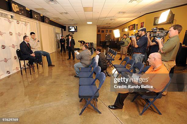 Yao Ming of the Houston Rockets and Tad Brown, Rockets CEO answer questions from the media prior to the NBA D-League game between the Austin Toros...