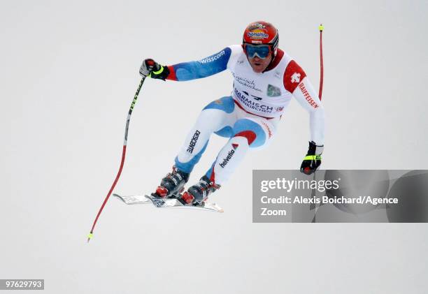 Didier Cuche of Switzerland competes during the Audi FIS Alpine Ski World Cup Men's Super G on March 11, 2010 in Garmisch-Partenkirchen, Germany.