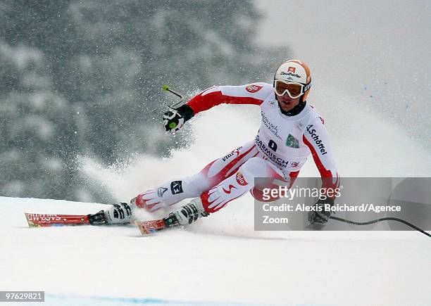Hannes Reichelt of Austria competes during the Audi FIS Alpine Ski World Cup Men's Super G on March 11, 2010 in Garmisch-Partenkirchen, Germany.