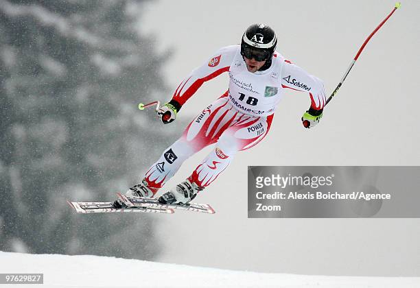 Mario Scheiber of Austria competes during the Audi FIS Alpine Ski World Cup Men's Super G on March 11, 2010 in Garmisch-Partenkirchen, Germany.