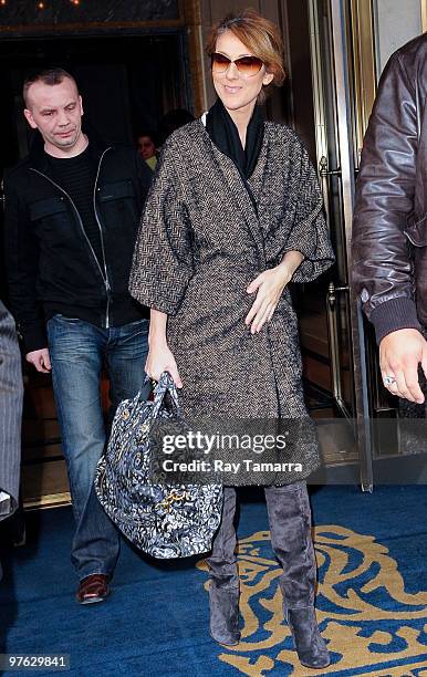 Singer Celine Dion leaves her Midtown Manhattan hotel on March 10, 2010 in New York City.