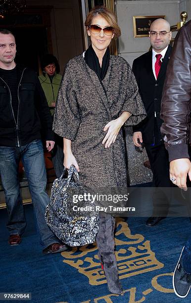 Singer Celine Dion leaves her Midtown Manhattan hotel on March 10, 2010 in New York City.