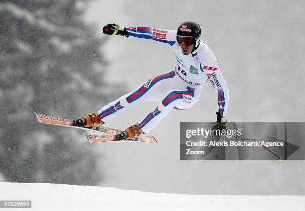 Adrien Theaux of France competes during the Audi FIS Alpine Ski World Cup Men's Super G on March 11, 2010 in Garmisch-Partenkirchen, Germany.