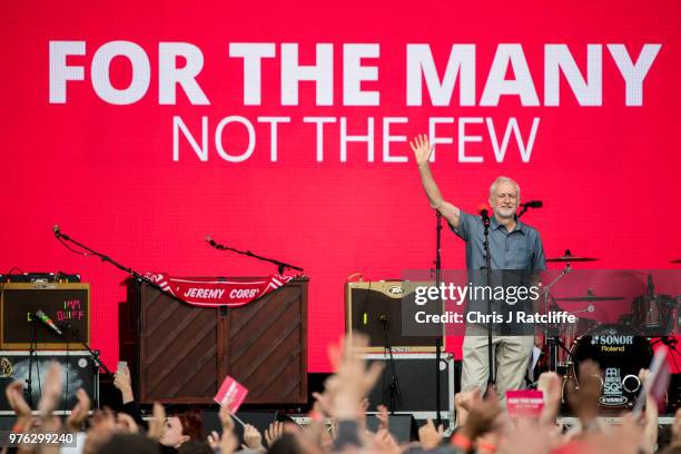 Labour party leader Jeremy Corbyn speaks to crowd on the main stage at Labour Live, White Hart Lane, Tottenham on June 16, 2018 in London, England....