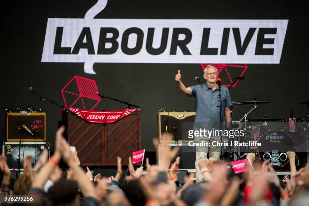 Labour party leader Jeremy Corbyn speaks to crowd on the main stage at Labour Live, White Hart Lane, Tottenham on June 16, 2018 in London, England....