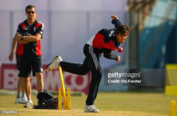 England bowler Steven Finn in action during England nets at Jahur Ahmed Chowdhury Stadium on March 11, 2010 in Chittagong, Bangladesh.