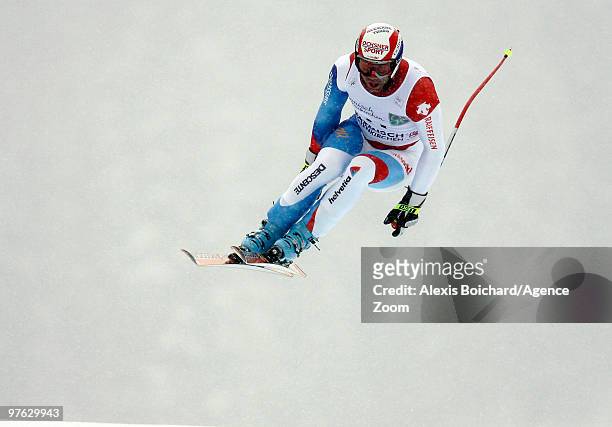 Didier Defago of Switzerland competes during the Audi FIS Alpine Ski World Cup Men's Super G on March 11, 2010 in Garmisch-Partenkirchen, Germany.