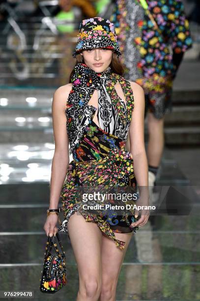 Grace Elizabeth walks the runway at the Versace show during Milan Men's Fashion Week Spring/Summer 2019 on June 16, 2018 in Milan, Italy.
