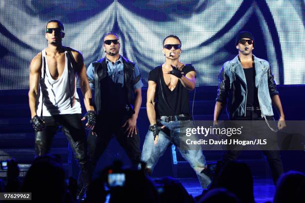 Marvin Humes, Jonathan 'JB' Gill, Aston Merrygold and Oritse Williams of JLS perform onstage on the last night of their 2010 UK tour held at...