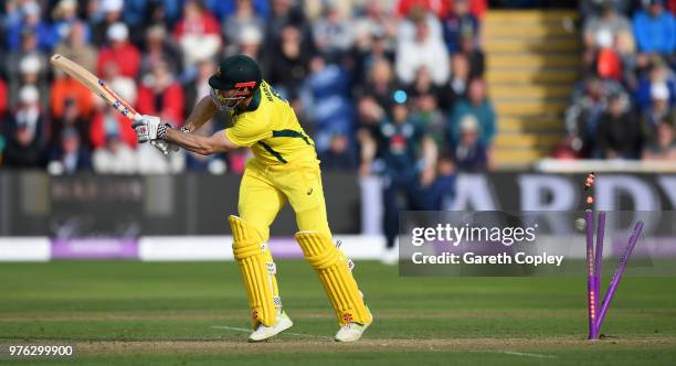 Shaun Marsh of Australia is bowled by Liam Plunkett of England during the 2nd Royal London ODI between England and Australia at SWALEC Stadium on...