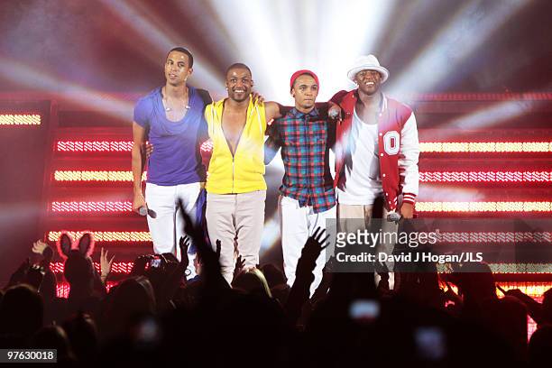 Marvin Humes, Jonathan 'JB' Gill, Aston Merrygold and Oritse Williams of JLS perform onstage on the last night of their 2010 UK tour held at...