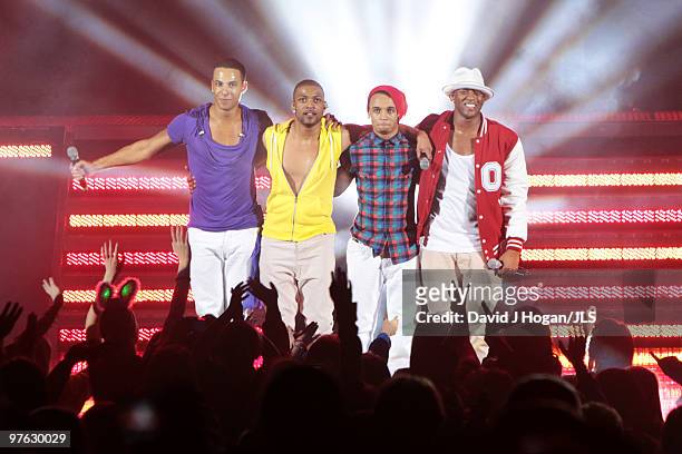 Marvin Humes, Jonathan 'JB' Gill, Aston Merrygold and Oritse Williams of JLS perform onstage on the last night of their 2010 UK tour held at...