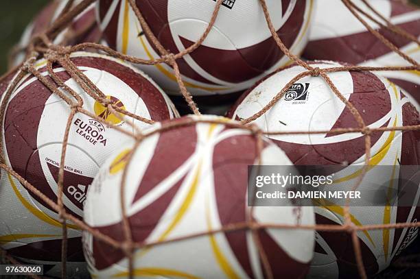 Europa League official balls are pictured during a training session of Juventus Turin on the eve of their UEFA Europa League football round of 16...