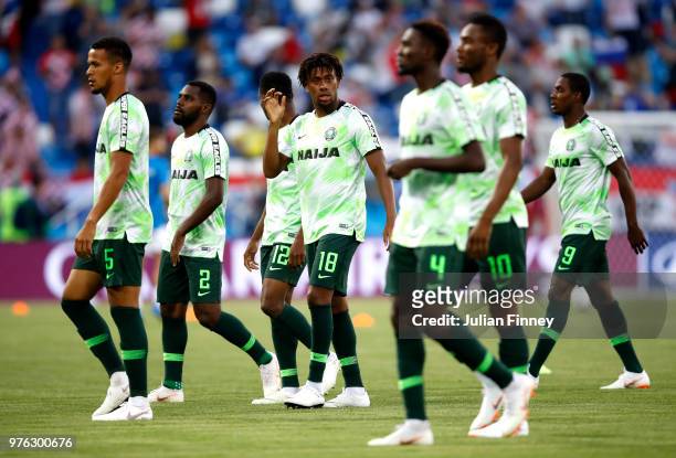 The Nigeria team warm up prior to the 2018 FIFA World Cup Russia group D match between Croatia and Nigeria at Kaliningrad Stadium on June 16, 2018 in...