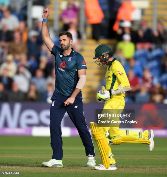 Liam Plunkett of England celebrates dismissing Jhye Richardson of Australia to win the 2nd Royal London ODI between England and Australia at SWALEC...