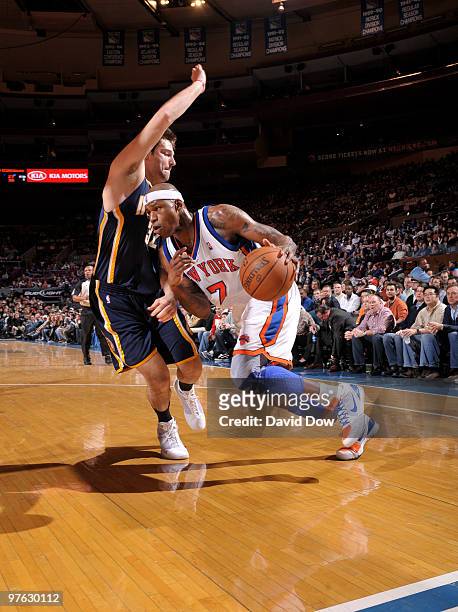 Al Harrington of the New York Knicks drives against Josh McRoberts of the Indiana Pacers during the game on January 3, 2010 at Madison Square Garden...