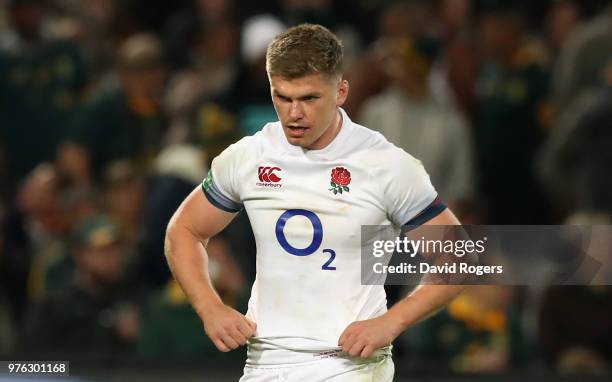 England captain, Owen Farrell looks dejected during the second test match between South Africa and England at Toyota Stadium on June 16, 2018 in...