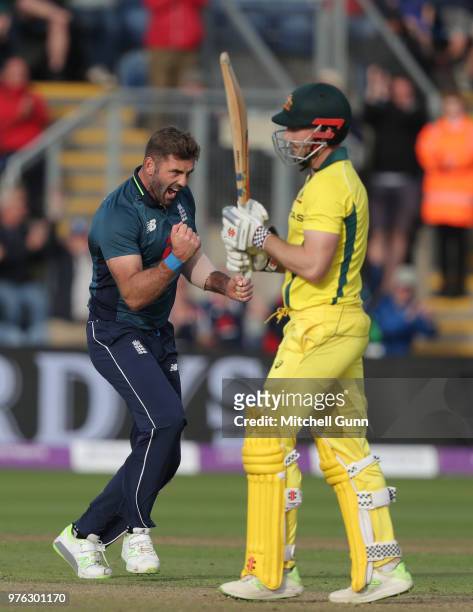 Liam Plunkett of England celebrates taking the wicket of Shaun Marsh of Australia during the 2nd Royal London One day International match between...