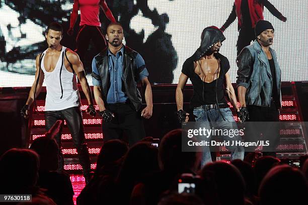 Marvin Humes, Jonathan 'JB' Gill, Aston Merrygold and Oritse Williams of JLS perform onstage on the last night of their 2010 UK tour held at...