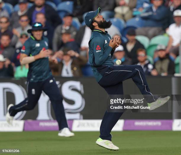 Moeen Ali of England drops a catch during the 2nd Royal London One day International match between England and Australia at Sophia Gardens Cricket...