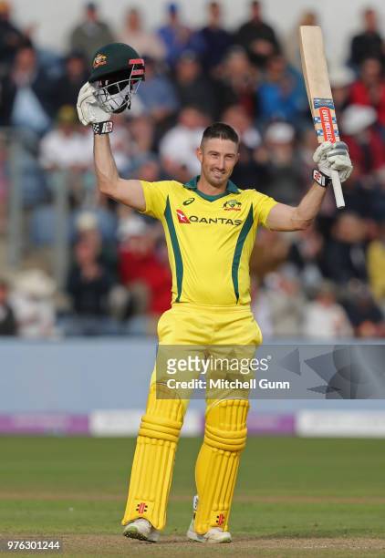 Shaun Marsh of Australia celebrates scoring a century during the 2nd Royal London One day International match between England and Australia at Sophia...