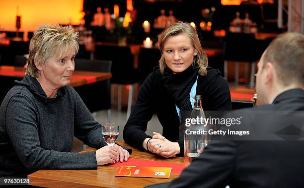 Tina Theune and Alexandra Popp are seen during an interview prior the FIFA Women's World Cup 2011 Countdown event at the Borussia Park Arena on...