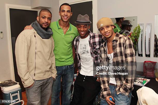 Jonathan 'JB' Gill, Marvin Humes, Oritse Williams and Aston Merrygold of JLS pose backstage before the last night of the JLS UK Tour 2010 held at...