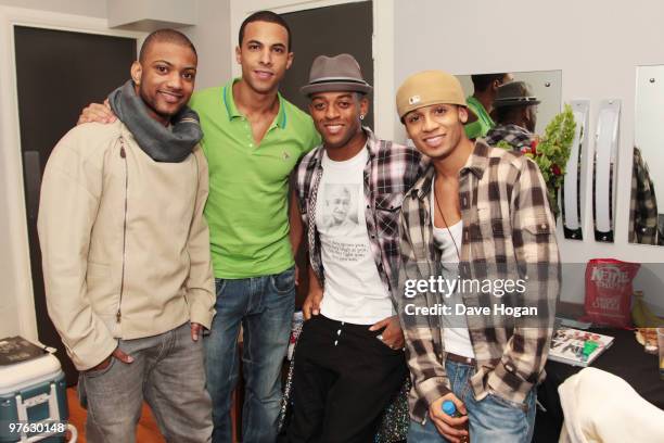 Jonathan 'JB' Gill, Marvin Humes, Oritse Williams and Aston Merrygold of JLS pose backstage before the last night of the JLS UK Tour 2010 held at...