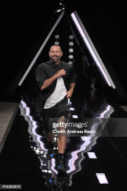 Designer Marcelo Burlon acknowledges the applause of the audience at the Marcelo Burlon County Of Milan show during Milan Men's Fashion Week...