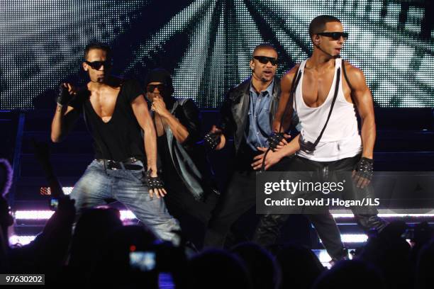 Aston Merrygold, Oritse Williams, Jonathan 'JB' Gill and Marvin Humes of JLS perform onstage on the last night of their 2010 UK tour held at...