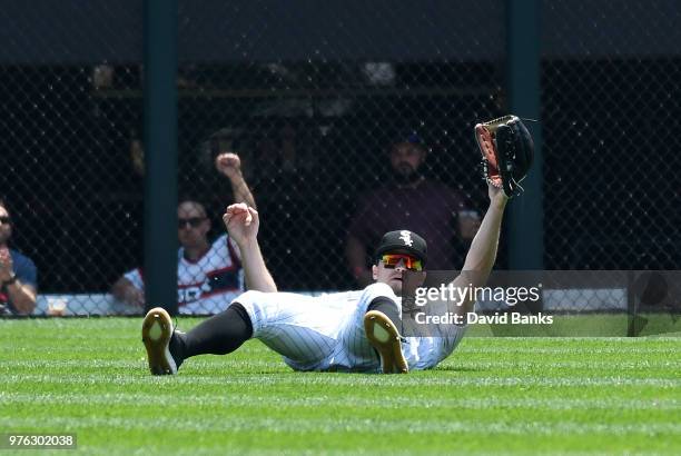 Adam Engel of the Chicago White Sox makes a catch on Leonys Martin of the Detroit Tigers during the first inning on June 16, 2018 at Guaranteed Rate...