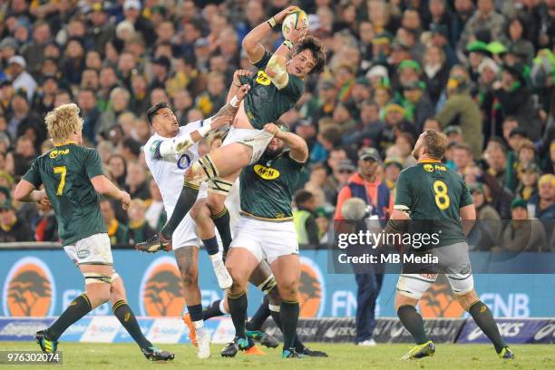 Franco Mostert of the Springboks and Harry Williams of England during the second test match between South Africa and England at Toyota Stadium on...