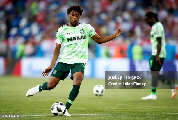 Alex Iwobi of Nigeria shoots during the warm up prior to the 2018 FIFA World Cup Russia group D match between Croatia and Nigeria at Kaliningrad...