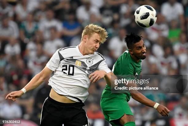 June 2018, Germany, Leverkusen: Football international friendly, Germany vs Saudi Arabia at the BayArena. Germany's Julian Brandt and Saudi's Salem...