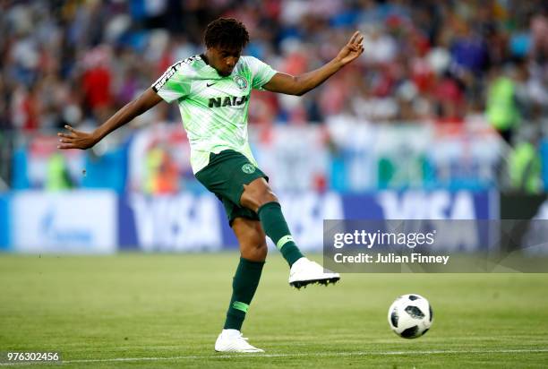 Alex Iwobi of Nigeria shoots during the warm up prior to the 2018 FIFA World Cup Russia group D match between Croatia and Nigeria at Kaliningrad...