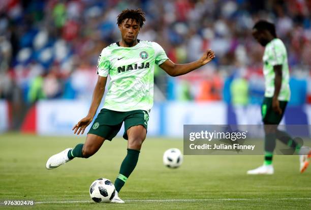 Alex Iwobi of Nigeria warms up prior to the 2018 FIFA World Cup Russia group D match between Croatia and Nigeria at Kaliningrad Stadium on June 16,...