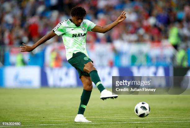 Alex Iwobi of Nigeria warms up prior to the 2018 FIFA World Cup Russia group D match between Croatia and Nigeria at Kaliningrad Stadium on June 16,...