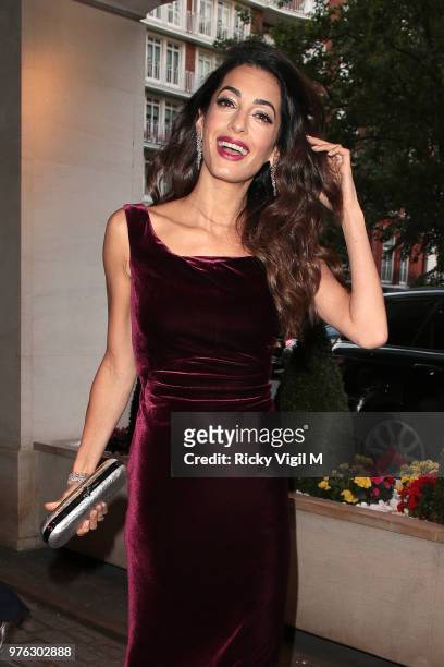 Amal Clooney arrives for the WAAAUB Uk Chapter Gala Dinner on June 16, 2018 in London, England.