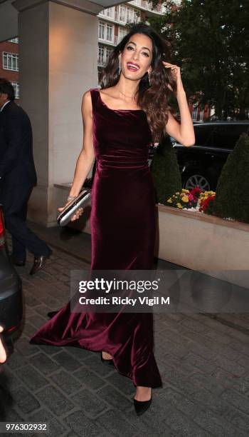 Amal Clooney arrives for the WAAAUB Uk Chapter Gala Dinner on June 16, 2018 in London, England.