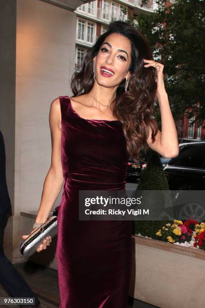 Amal Clooney arrives for the WAAAUB Uk Chapter Gala Dinner on June 16, 2018 in London, England.