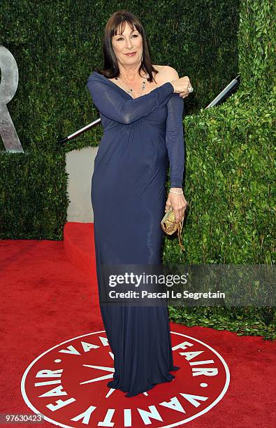 Actress Anjelica Huston arrives at the 2010 Vanity Fair Oscar Party hosted by Graydon Carter held at Sunset Tower on March 7, 2010 in West Hollywood,...