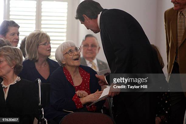 Harper Lee and Alabama Governor Bob Riley attend the 2009 Alabama Academy of Honor Inductions at the Old House Chambers on October 19, 2009 in...
