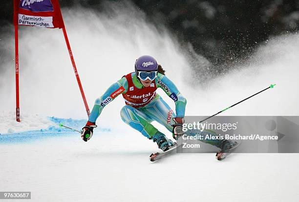 Tina Maze of Slovenia takes 1st place during the Audi FIS Alpine Ski World Cup Women's Giant Slalom on March 11, 2010 in Garmisch-Partenkirchen,...