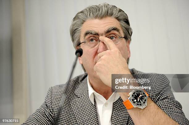 Nick Hayek Jr, chief executive officer of Swatch Group AG, gestures during the company's annual results news conference in Biel, Switzerland, on...