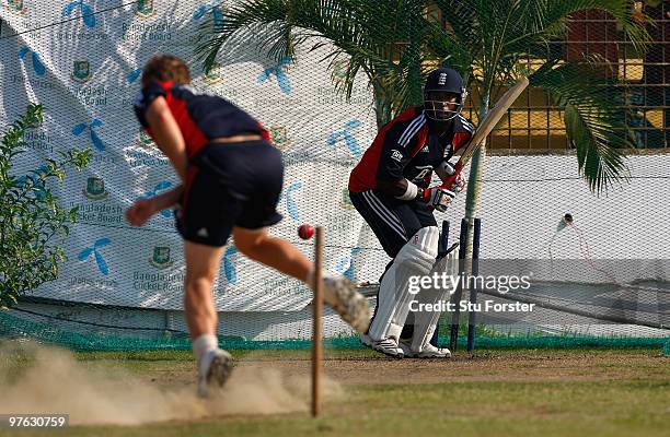 England batsman Michael Carberry faces bowler Luke Wright in the nets during England nets at Jahur Ahmed Chowdhury Stadium on March 11, 2010 in...