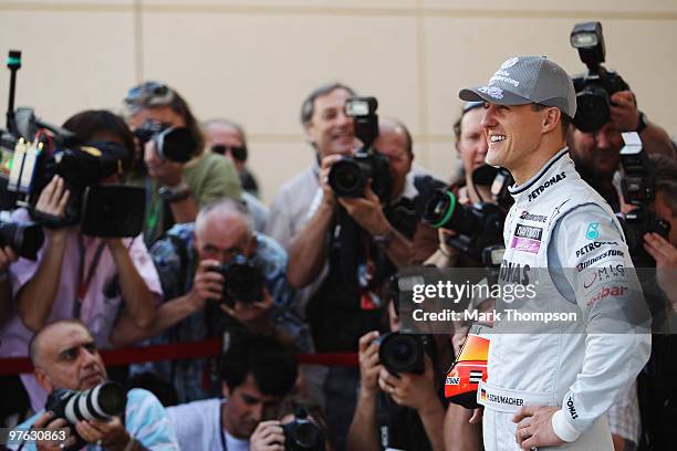 Michael Schumacher of Germany and Mercedes GP attends the drivers official portrait session during previews to the Bahrain Formula One Grand Prix at...