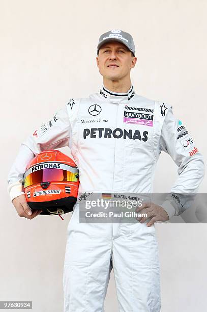 Michael Schumacher of Germany and Mercedes GP attends the drivers official portrait session during previews to the Bahrain Formula One Grand Prix at...