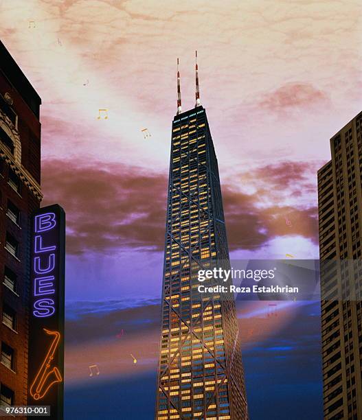 usa,illinois,chicago, john hancock building with flying musical notes - chicago musical stockfoto's en -beelden